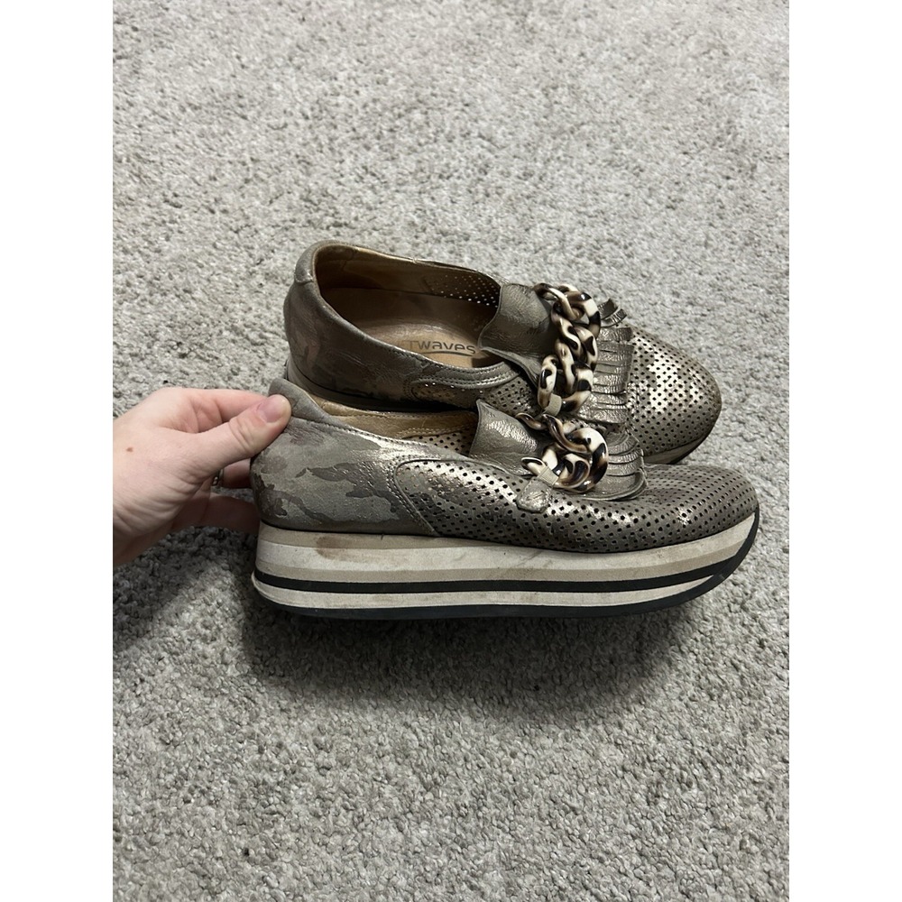 Softwaves Metallic Gold Leather Platform Loafers camo Chain Fringe EU 38 7.5